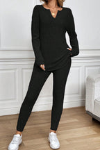 Racing Red Ribbed Notched Neck Knit Long Sleeve Leggings Two Pieces Lounge Set