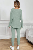 Racing Red Ribbed Notched Neck Knit Long Sleeve Leggings Two Pieces Lounge Set