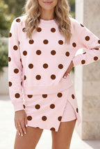 Brown Polka Dot Two Piece Set Long Sleeve Casual Skirt Set