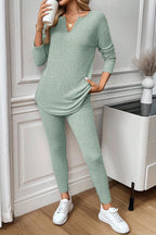 Racing Red Ribbed Notched Neck Knit Long Sleeve Leggings Two Pieces Lounge Set