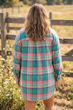 Green Plaid Button-Up Shift Long Sleeve V Neck Plus Size Dress