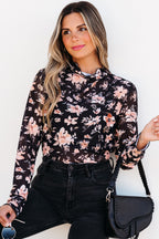 Black Floral Mesh Mock Neck Long Sleeve Slim Fit Top