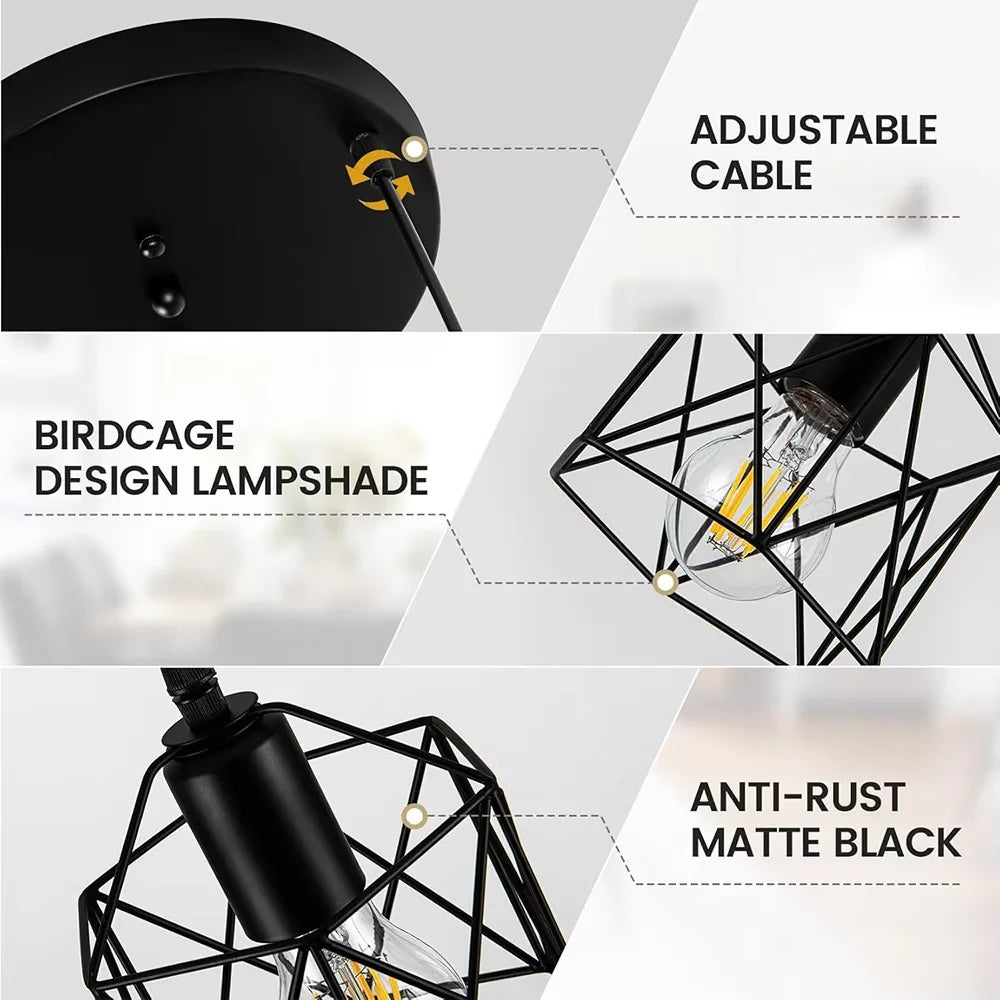 Industrial Vintage Pendant Light 3-Light Black Metal Cage Chandelier Modern Hanging Lamp for Kitchen Dining Room Living Room
