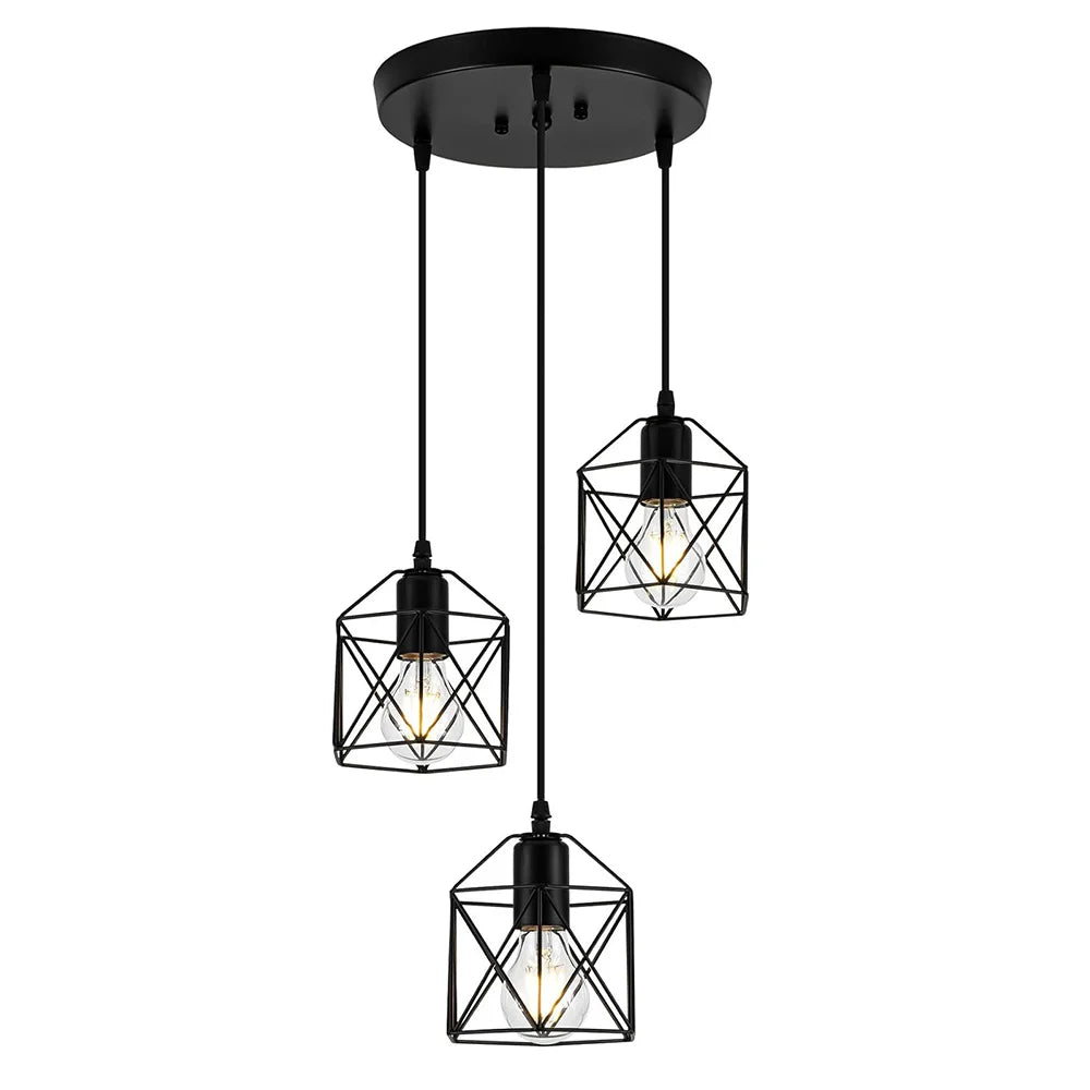 Industrial Vintage Pendant Light 3-Light Black Metal Cage Chandelier Modern Hanging Lamp for Kitchen Dining Room Living Room