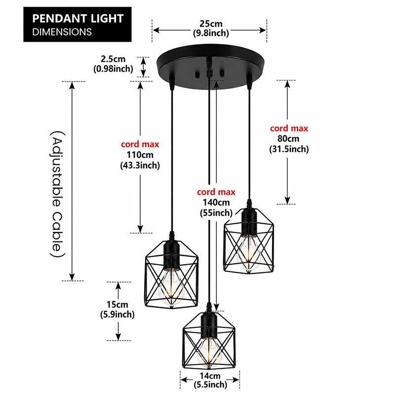 Industrial Vintage Pendant Light 3-Light Black Metal Cage Chandelier Modern Hanging Lamp for Kitchen Dining Room Living Room
