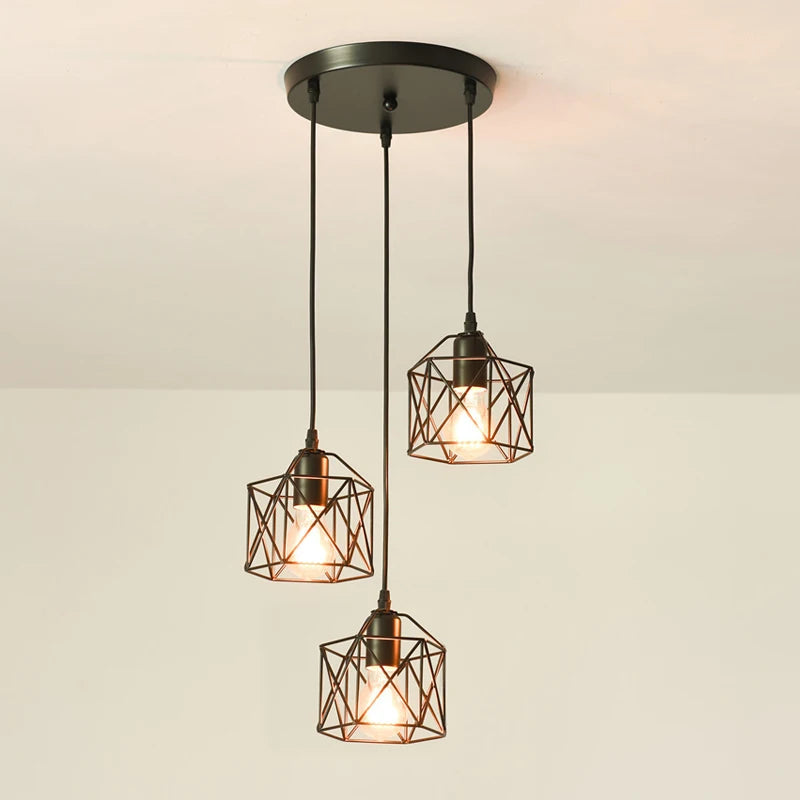 Industrial Vintage Pendant Light 3-Light Black Metal Cage Chandelier Modern Hanging Lamp for Kitchen Dining Room Living Room