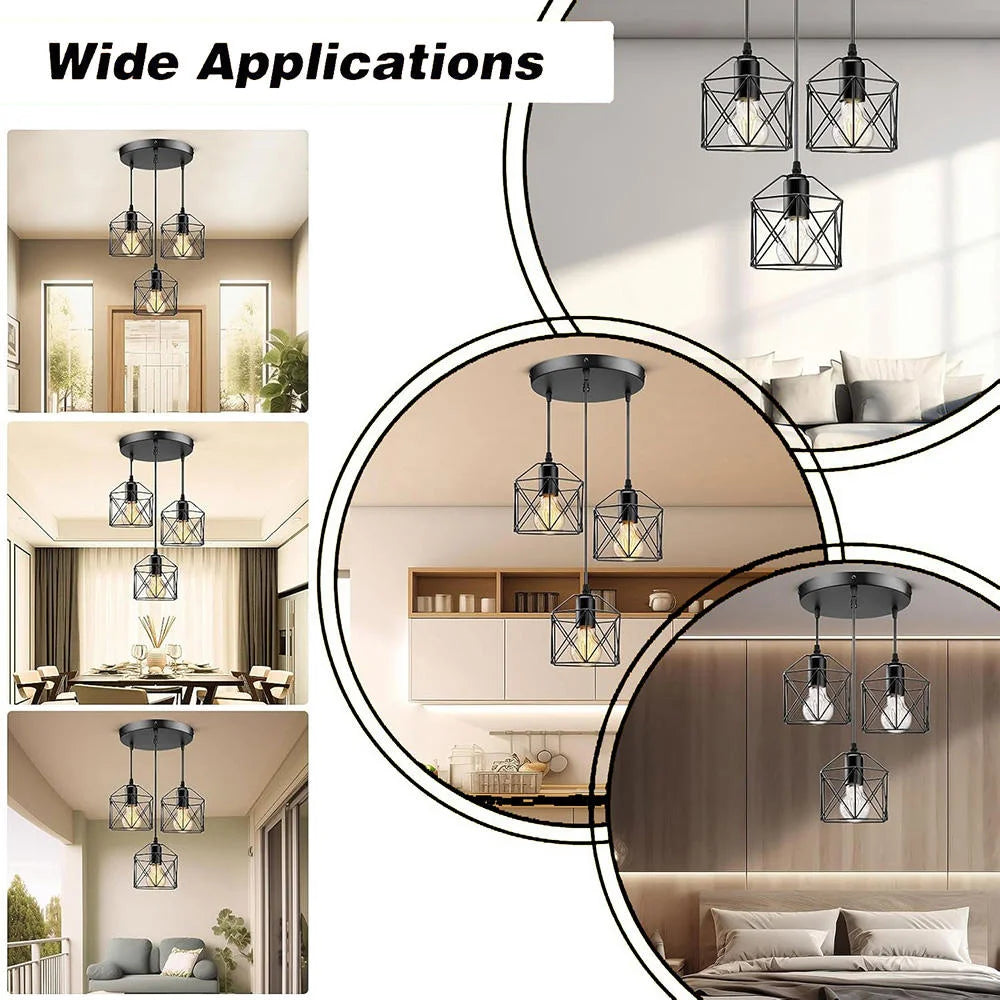 Industrial Vintage Pendant Light 3-Light Black Metal Cage Chandelier Modern Hanging Lamp for Kitchen Dining Room Living Room