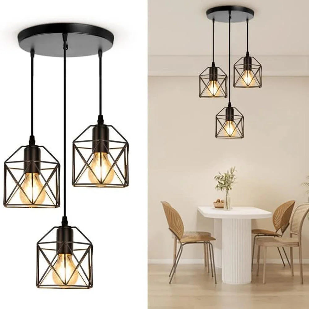 Industrial Vintage Pendant Light 3-Light Black Metal Cage Chandelier Modern Hanging Lamp for Kitchen Dining Room Living Room