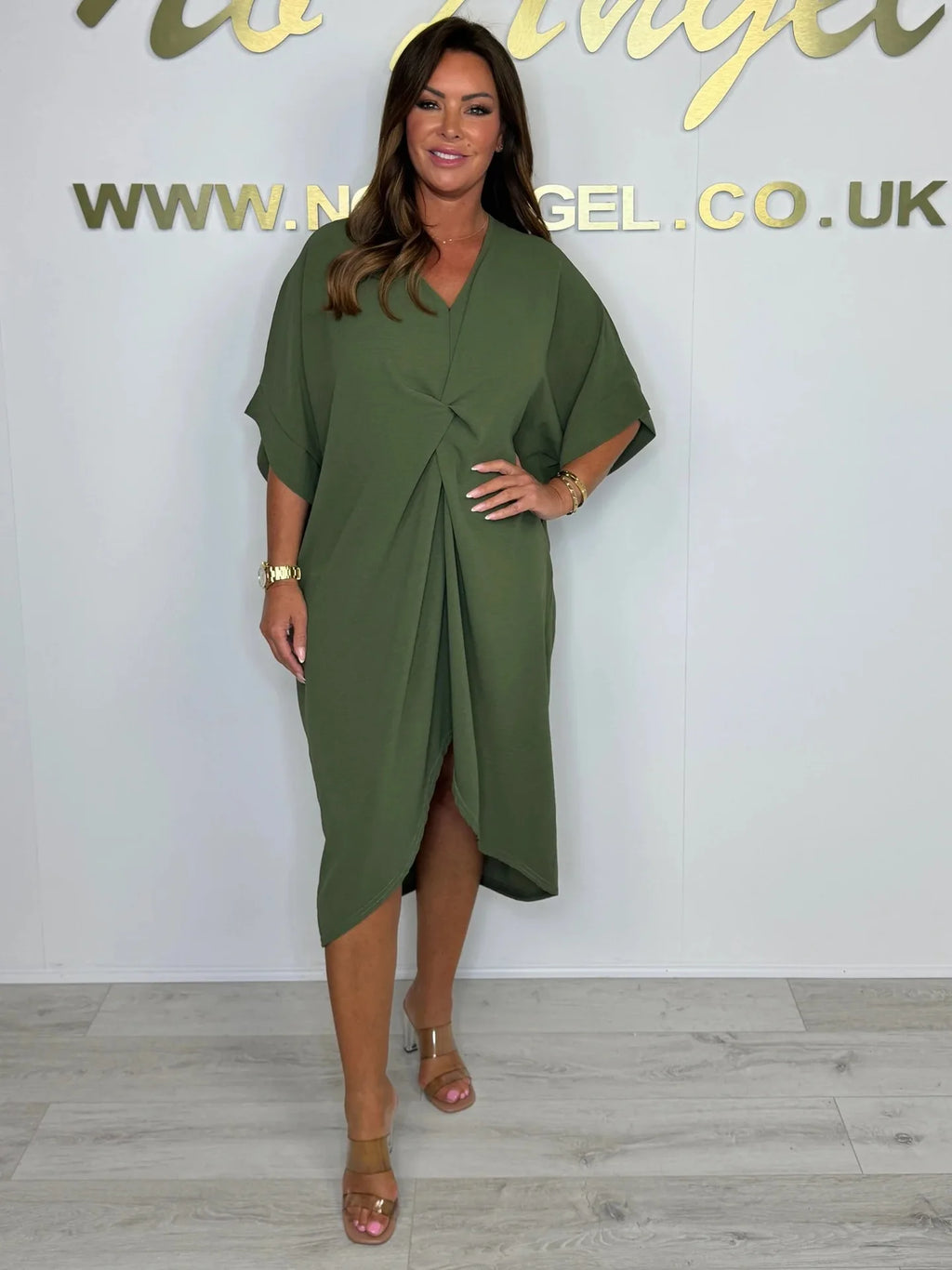 V Neck Twist Knot Midi Dress
