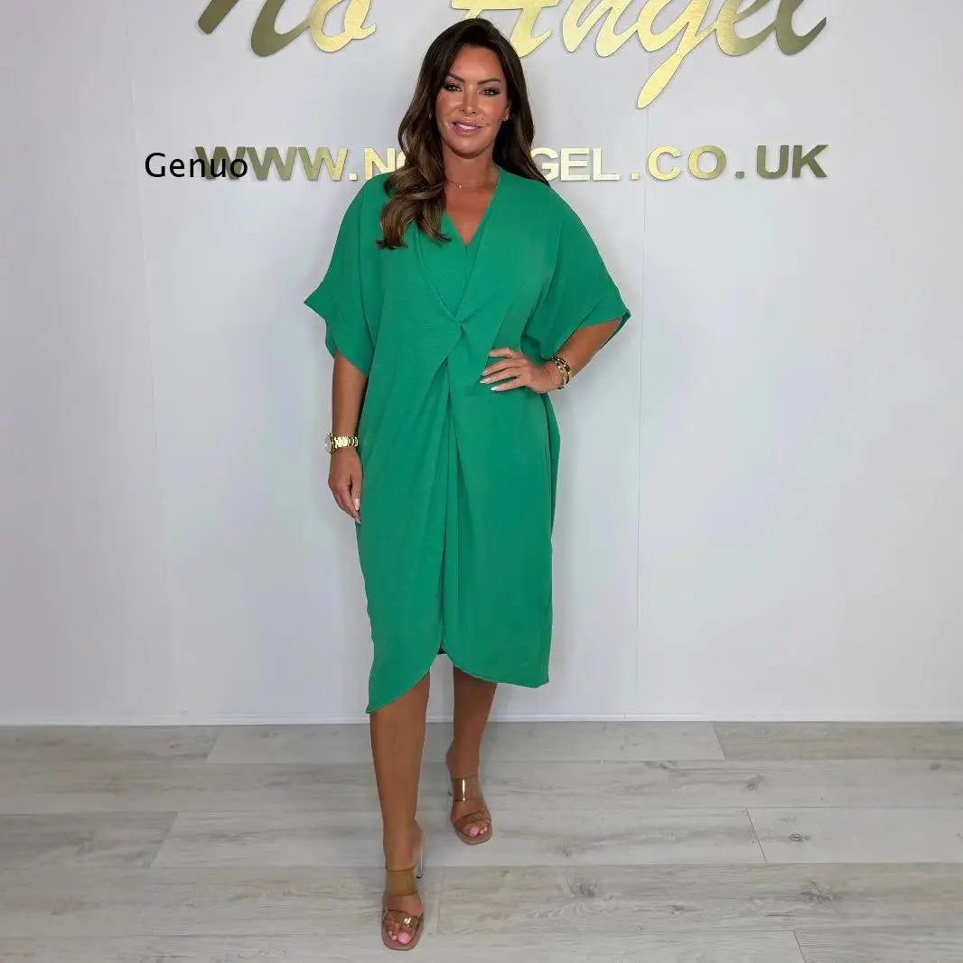 V Neck Twist Knot Midi Dress