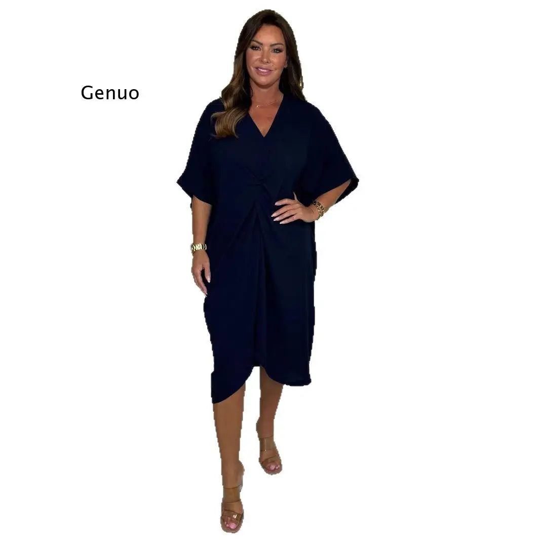 V Neck Twist Knot Midi Dress