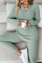 Racing Red Ribbed Notched Neck Knit Long Sleeve Leggings Two Pieces Lounge Set
