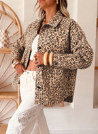 Khaki Leopard Print Collar Long Sleeve Patch Pocket Shift Denim Jacket